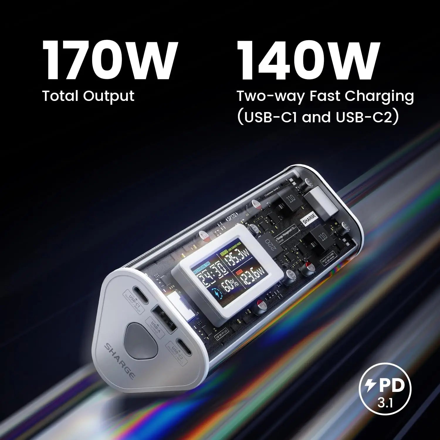 ek 170 Power Bank 170W 24,000Mah Portable Charger with Smart Display 3-Port Portable Battery for Macbook Pro Phone